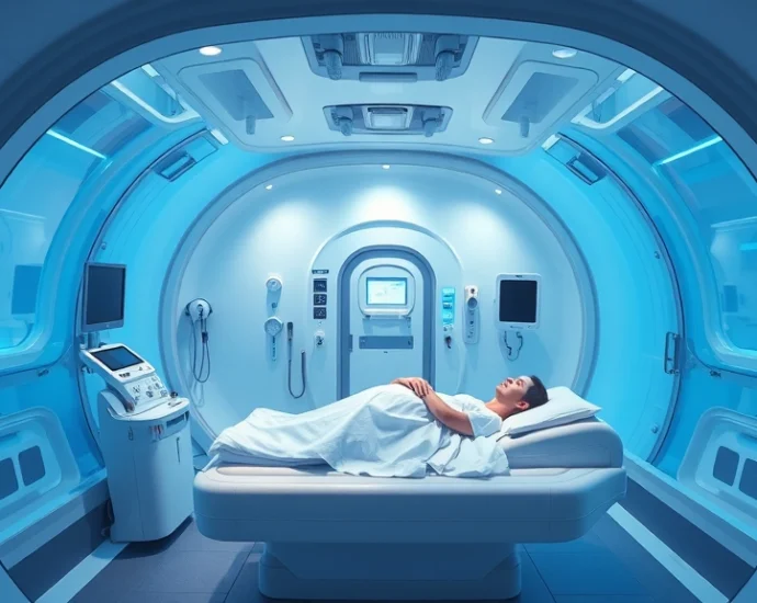 Modern hyperbaric chamber interior with clear acrylic walls and patient lying on comfortable bed, advanced medical equipment visible, clinical yet welcoming environment, soft blue lighting, photorealistic high-resolution medical facility setting
