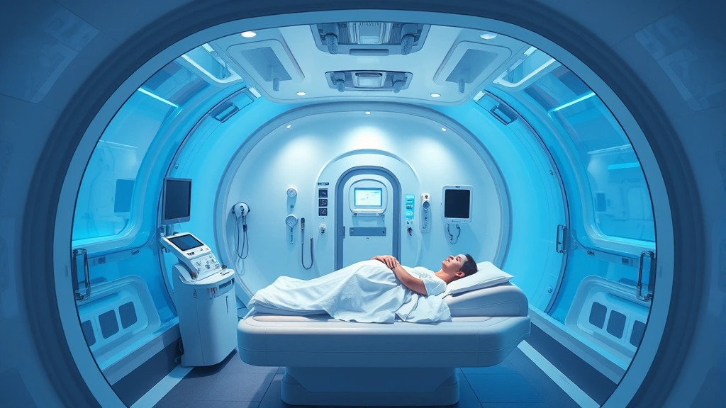 Modern hyperbaric chamber interior with clear acrylic walls and patient lying on comfortable bed, advanced medical equipment visible, clinical yet welcoming environment, soft blue lighting, photorealistic high-resolution medical facility setting