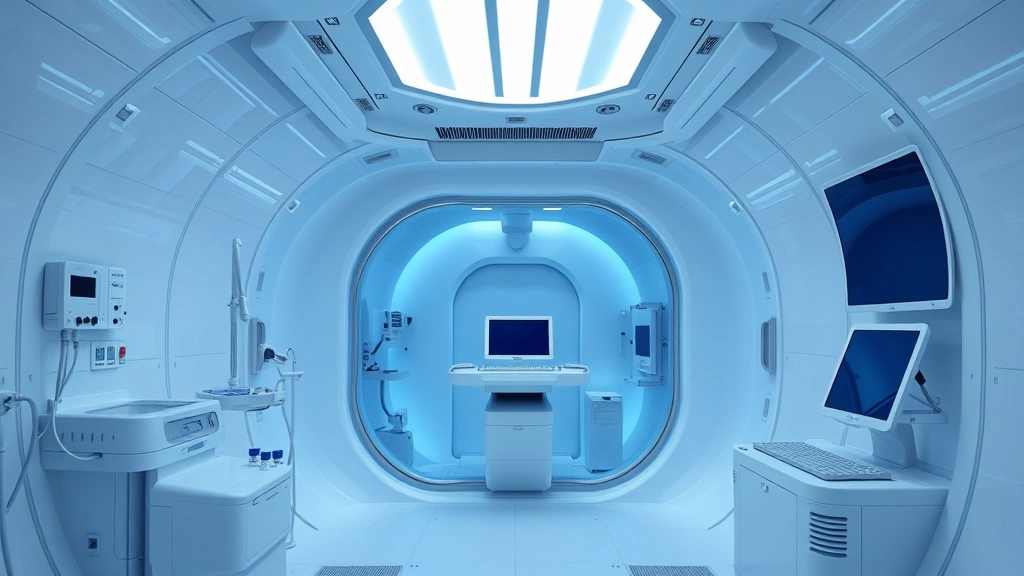 Modern hyperbaric oxygen chamber interior with sleek white medical equipment, transparent acrylic chamber design, professional medical facility setting, soft blue lighting, no people visible, photorealistic clinical environment