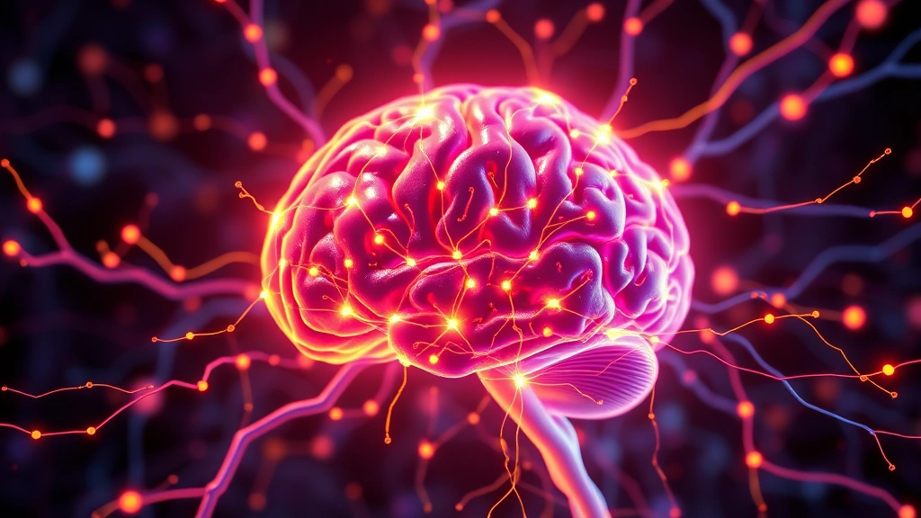 Brain neural network visualization with glowing synapses and connections, representing enhanced neuroplasticity and oxygen delivery to neural tissue, abstract scientific illustration style, vibrant colors showing increased blood flow, photorealistic rendering