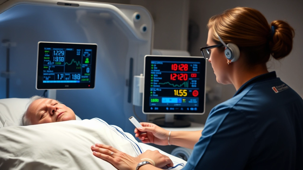 Healthcare professional monitoring patient vital signs during HBOT session, digital displays showing pressure gauges and oxygen levels, medical facility background, realistic photography