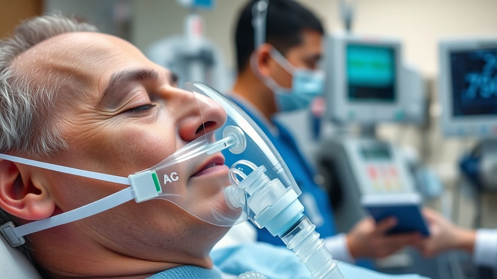 Close-up of patient receiving oxygen therapy with transparent mask, medical professional monitoring vitals, hospital environment, advanced medical equipment, no readable text or screens