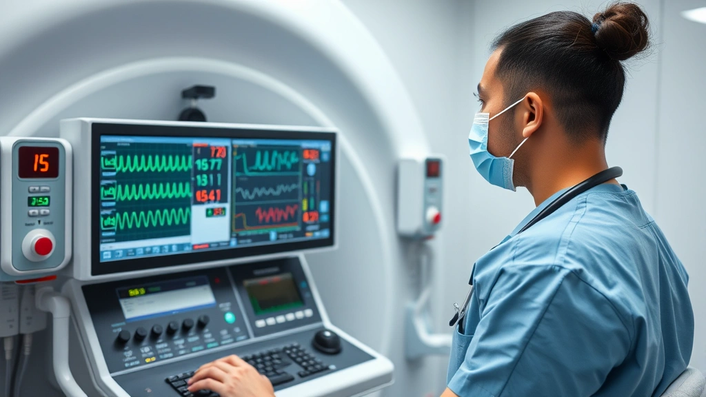 Medical professional monitoring vital signs during hyperbaric oxygen treatment session, healthcare worker at control panel, hospital setting, professional atmosphere