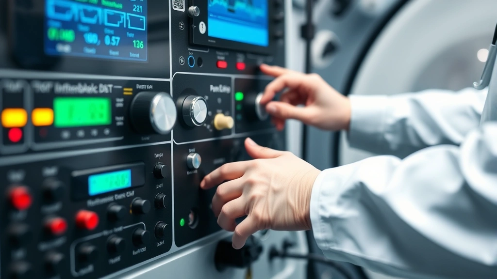 Close-up of healthcare professional's hands adjusting hyperbaric chamber controls and monitoring systems, digital displays showing pressure readings, oxygen flow indicators, medical precision equipment, professional medical setting