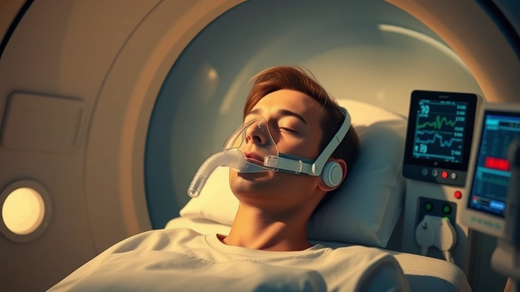 Calm patient in hyperbaric chamber wearing oxygen mask, peaceful expression, medical technician monitoring vital signs on console outside chamber, serene clinical environment, warm professional lighting, representing mental health treatment integration