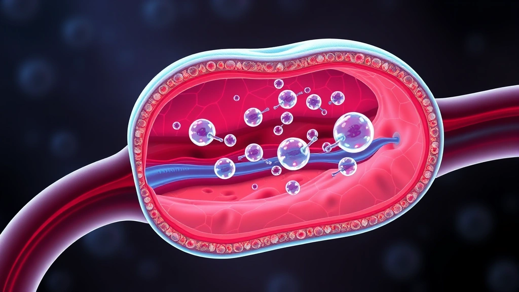 Cross-section diagram visualization of oxygen molecules entering bloodstream tissue at cellular level, medical illustration style, showing improved circulation and healing, photorealistic rendering
