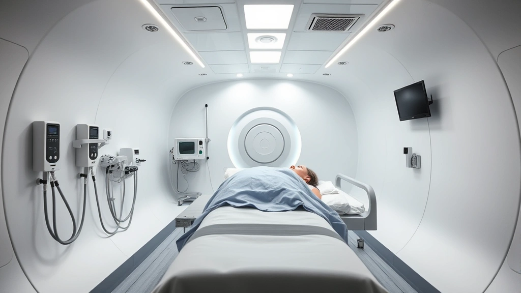 Hyperbaric chamber interior showing comfortable patient bed, oxygen delivery equipment, communication system, clinical lighting, modern medical facility environment, ready for treatment session