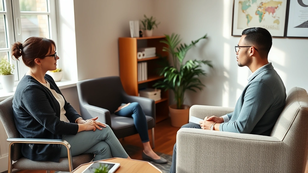 Therapist and patient in calm office environment during counseling session, comfortable seating, natural lighting from windows, peaceful professional mental health setting, diverse individuals shown