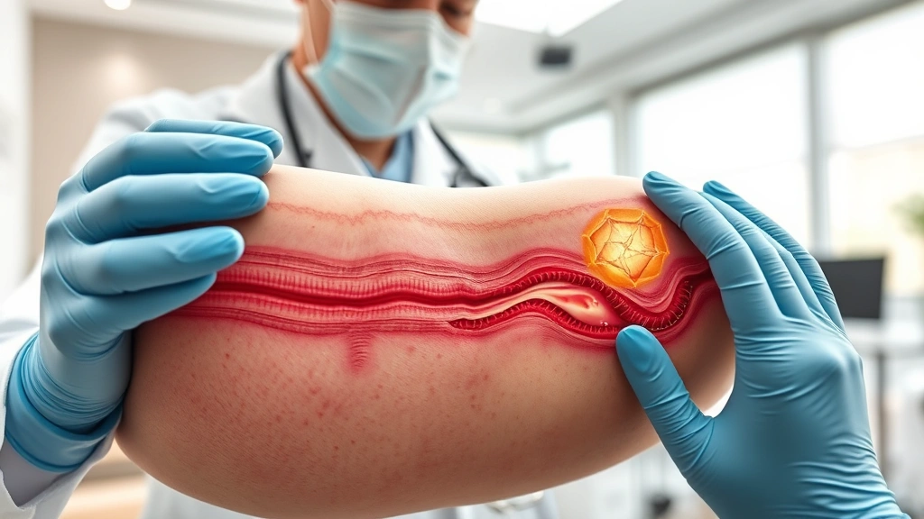 Wound healing progression visualization showing healthy tissue formation, medical professional examining healing site, clinical wound care setting, modern healthcare facility, no text overlays