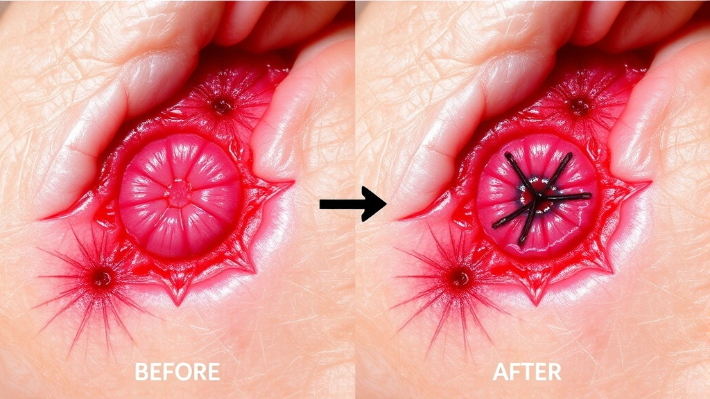 Chronic wound healing progression showing tissue regeneration stages, before-and-after wound closure demonstration, medical photography of healing tissue, clinical documentation style, realistic medical imaging