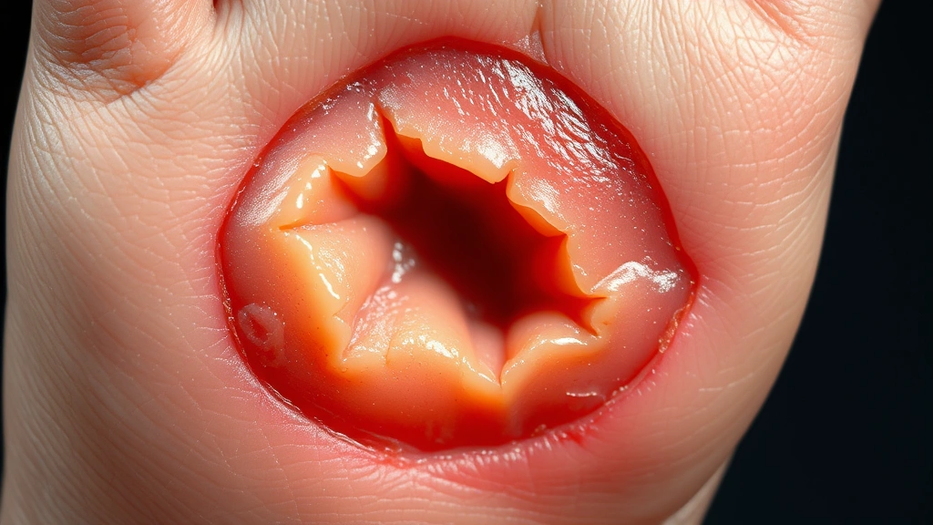 Healed diabetic foot ulcer wound closeup showing tissue regeneration and recovery, medical wound care imagery, clinical photography style, no visible text or labels