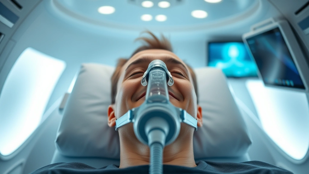 Patient receiving oxygen through mask inside pressurized chamber during treatment session, peaceful expression, therapeutic environment with entertainment screen visible, modern medical chamber interior, healing-focused atmosphere