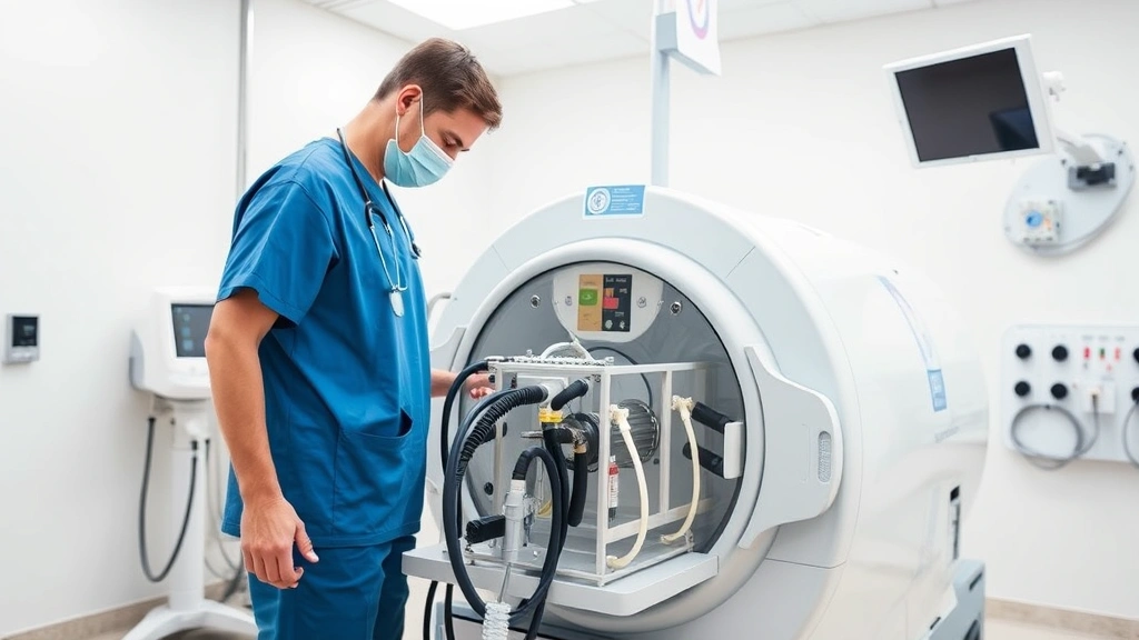 Healthcare professional in medical scrubs preparing hyperbaric chamber equipment in bright clinical facility, modern oxygen delivery systems, professional medical environment, therapeutic equipment setup, no visible patient faces