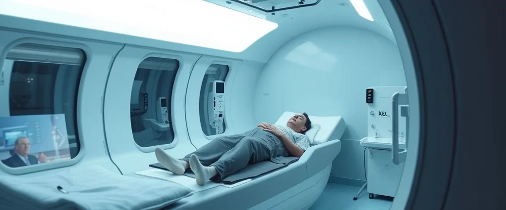 Modern hyperbaric oxygen chamber interior with patient resting inside, clinical medical environment, soft lighting, transparent chamber walls showing interior seating, professional healthcare setting