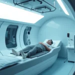 Modern hyperbaric oxygen chamber interior with patient resting inside, clinical medical environment, soft lighting, transparent chamber walls showing interior seating, professional healthcare setting