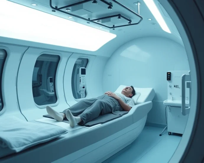 Modern hyperbaric oxygen chamber interior with patient resting inside, clinical medical environment, soft lighting, transparent chamber walls showing interior seating, professional healthcare setting