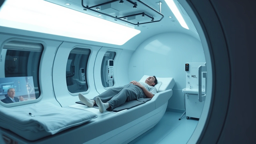 Modern hyperbaric oxygen chamber interior with patient resting inside, clinical medical environment, soft lighting, transparent chamber walls showing interior seating, professional healthcare setting