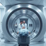 Photorealistic image of a modern hyperbaric oxygen chamber in a clinical medical facility, showing the sleek cylindrical chamber design with control panels and monitoring equipment, patient entering chamber with medical staff in the background, bright clinical lighting, no text visible