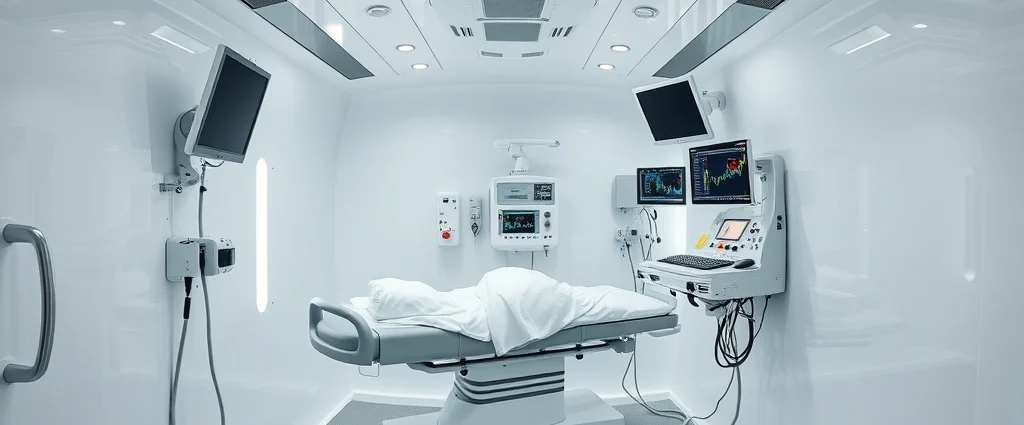 Professional hyperbaric oxygen chamber interior with medical equipment, bright white and metallic surfaces, patient stretcher inside pressurized chamber, medical monitoring displays, clinical healthcare setting