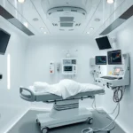 Professional hyperbaric oxygen chamber interior with medical equipment, bright white and metallic surfaces, patient stretcher inside pressurized chamber, medical monitoring displays, clinical healthcare setting