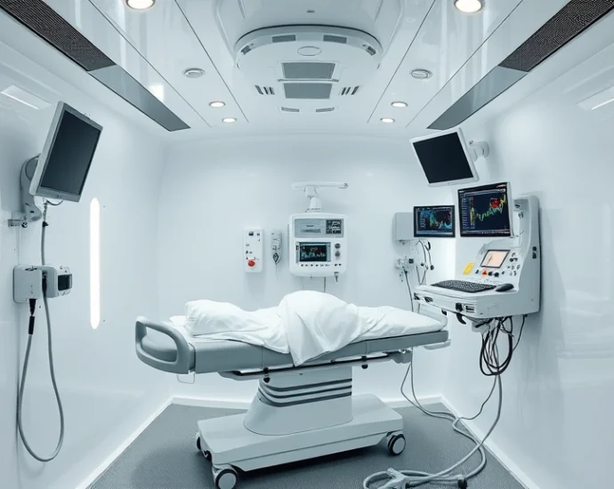 Professional hyperbaric oxygen chamber interior with medical equipment, bright white and metallic surfaces, patient stretcher inside pressurized chamber, medical monitoring displays, clinical healthcare setting