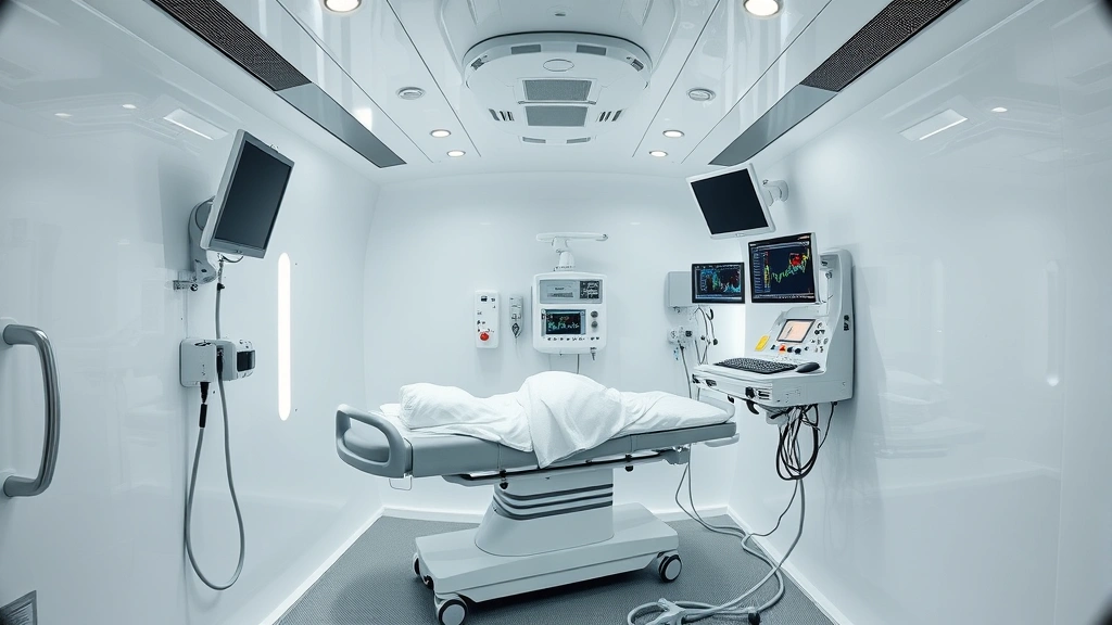Professional hyperbaric oxygen chamber interior with medical equipment, bright white and metallic surfaces, patient stretcher inside pressurized chamber, medical monitoring displays, clinical healthcare setting