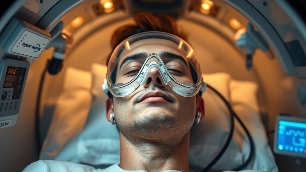 Photorealistic photograph of a patient breathing pure oxygen through a clear mask inside a pressurized hyperbaric chamber, peaceful relaxed expression, soft warm lighting inside the chamber, medical monitoring equipment visible, clinical setting, no text or labels