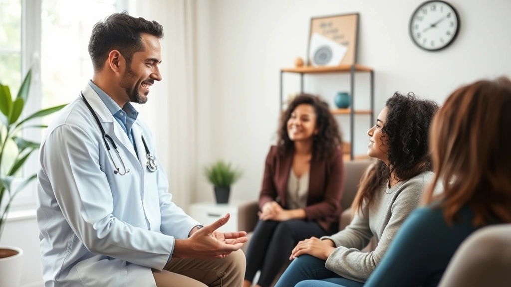 Mental health professional consulting with patient in calm therapy office, supportive healthcare interaction, natural lighting, therapeutic environment, diverse individuals in discussion