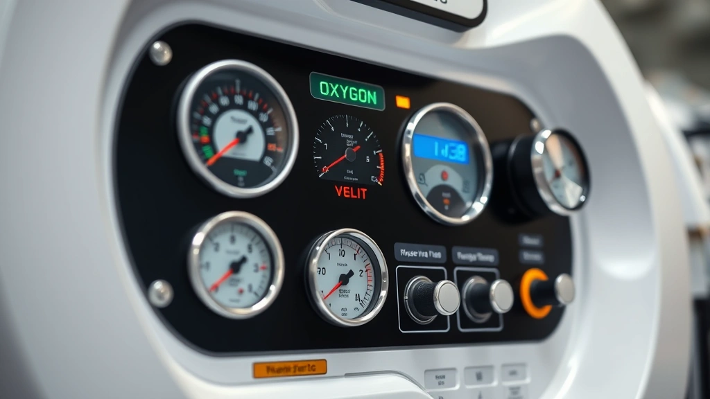 Close-up of advanced hyperbaric chamber control panel with pressure gauges, digital readouts, oxygen monitoring systems, professional medical equipment, clinical precision