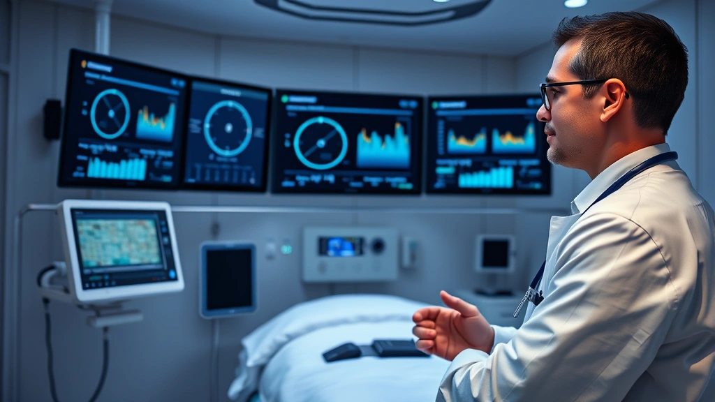Photorealistic image of a hyperbaric medicine physician reviewing treatment charts and oxygen saturation monitors in a modern wellness center, digital displays showing therapy progress, professional medical environment, clean contemporary design, no visible text on screens