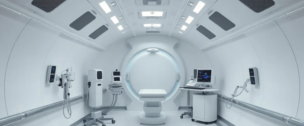 Modern hyperbaric oxygen chamber interior with pressurized white cylindrical design, medical equipment visible, clinical healthcare facility setting, no people, photorealistic