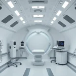 Modern hyperbaric oxygen chamber interior with pressurized white cylindrical design, medical equipment visible, clinical healthcare facility setting, no people, photorealistic