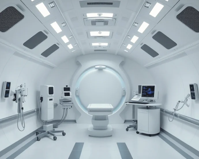 Modern hyperbaric oxygen chamber interior with pressurized white cylindrical design, medical equipment visible, clinical healthcare facility setting, no people, photorealistic
