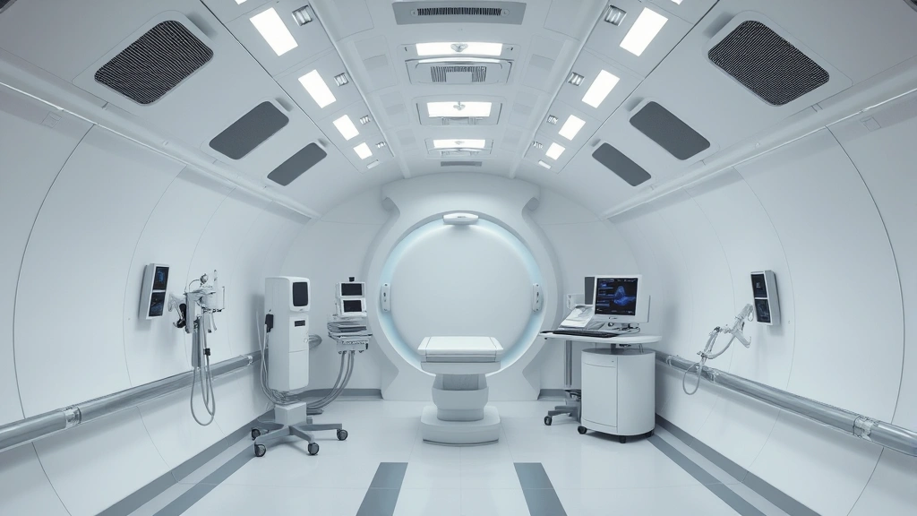 Modern hyperbaric oxygen chamber interior with pressurized white cylindrical design, medical equipment visible, clinical healthcare facility setting, no people, photorealistic