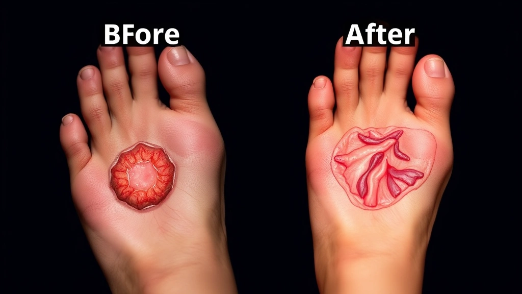 Diabetic foot ulcer healing progression comparison showing before and after tissue regeneration, medical documentation style imagery, clinical wound care visualization, photorealistic