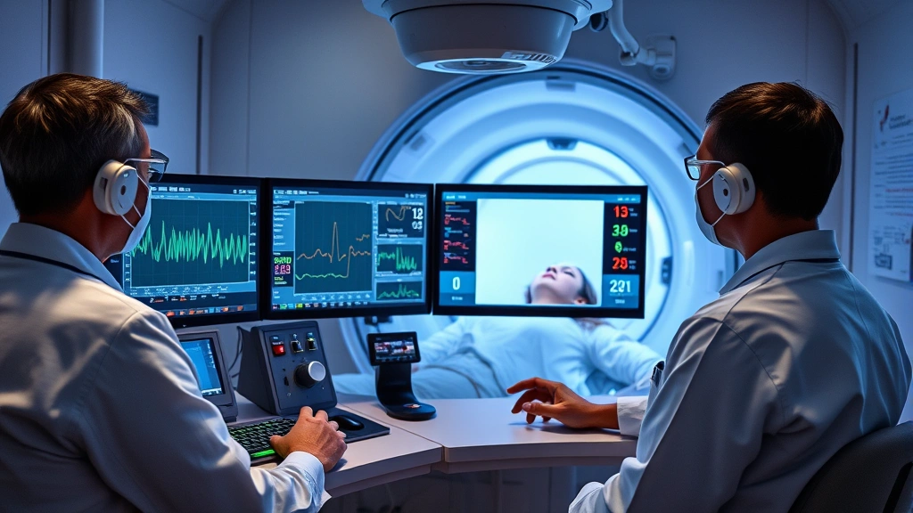 Medical professional monitoring hyperbaric chamber controls and patient vital signs on digital screens, healthcare technology interface, modern medical facility, photorealistic