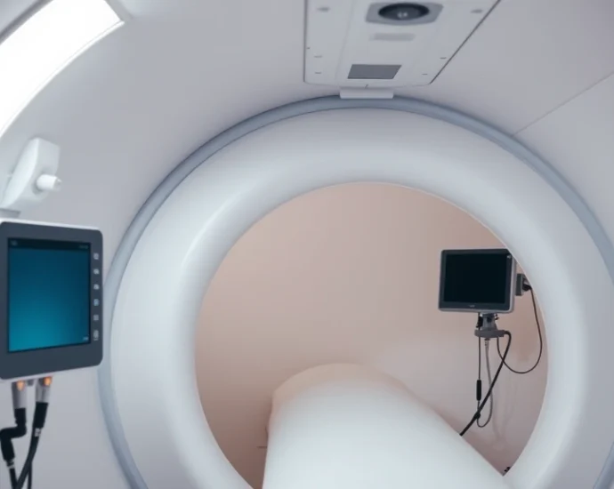 Professional medical hyperbaric chamber interior showing pressurized white cylindrical tube with medical monitoring equipment, soft clinical lighting, no text visible