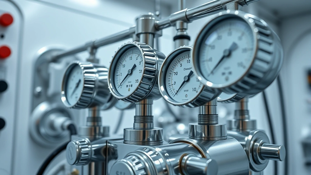 Close-up of oxygen delivery equipment and pressure gauges in modern hyperbaric medicine facility, sleek metallic instruments, clinical environment, photorealistic