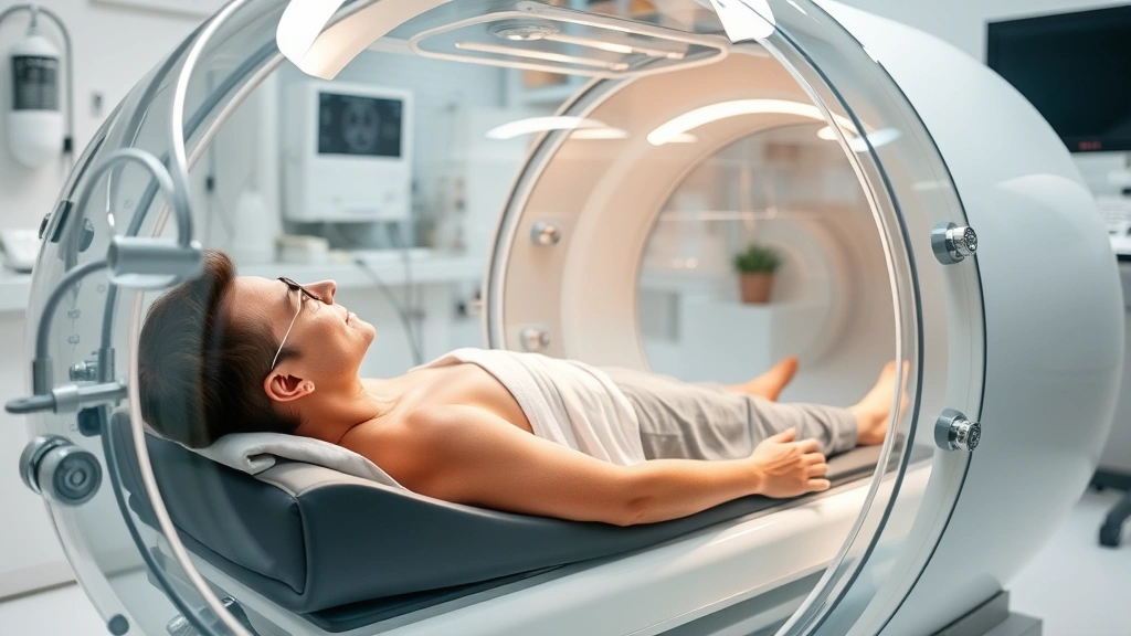 Patient receiving hyperbaric oxygen therapy in transparent acrylic monoplace chamber, relaxed position, medical facility background, professional healthcare setting