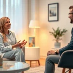 Professional therapist conducting a session in a modern, calming office with warm lighting, soft furniture, and peaceful decor, showing compassionate engagement with client, photorealistic, therapeutic environment