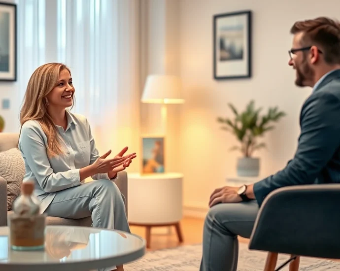 Professional therapist conducting a session in a modern, calming office with warm lighting, soft furniture, and peaceful decor, showing compassionate engagement with client, photorealistic, therapeutic environment
