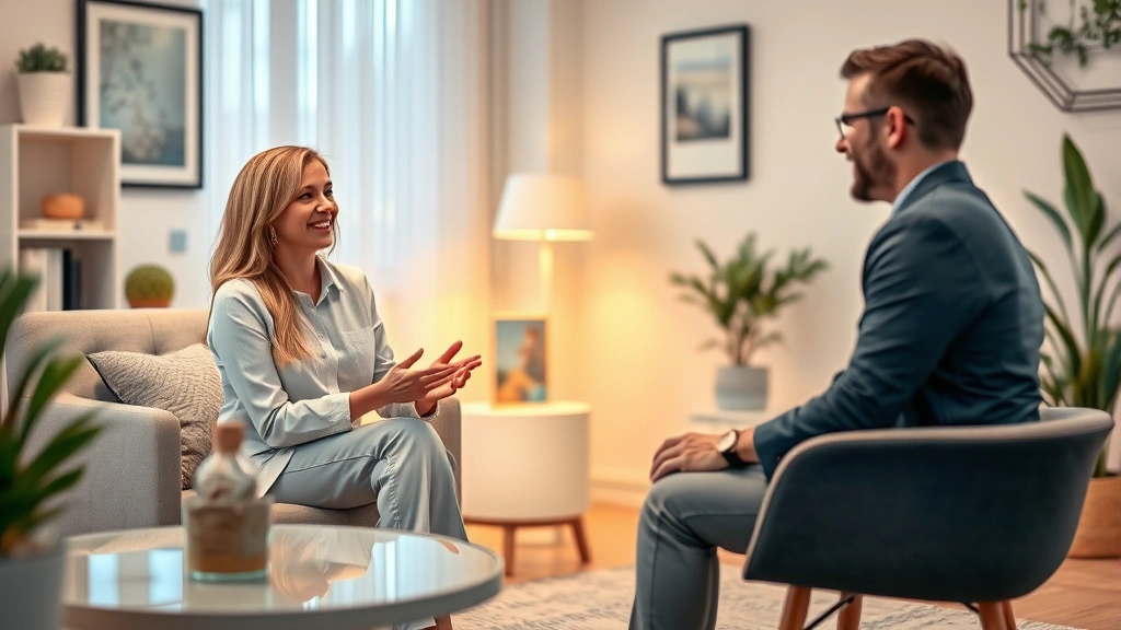 Professional therapist conducting a session in a modern, calming office with warm lighting, soft furniture, and peaceful decor, showing compassionate engagement with client, photorealistic, therapeutic environment