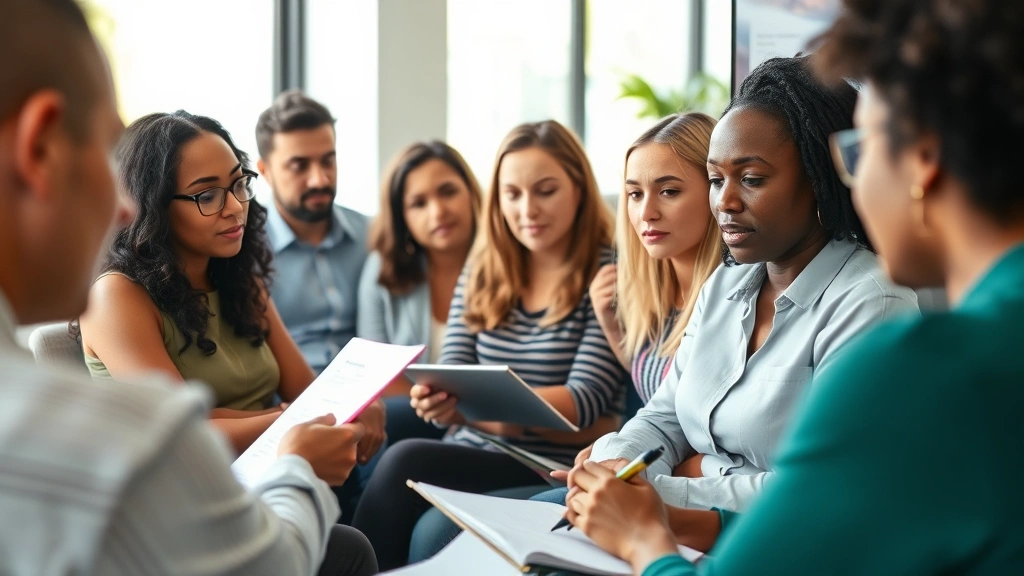 Close-up of a diverse group of mental health professionals in a training workshop, engaged and taking notes, collaborative learning atmosphere, natural lighting, professional development setting