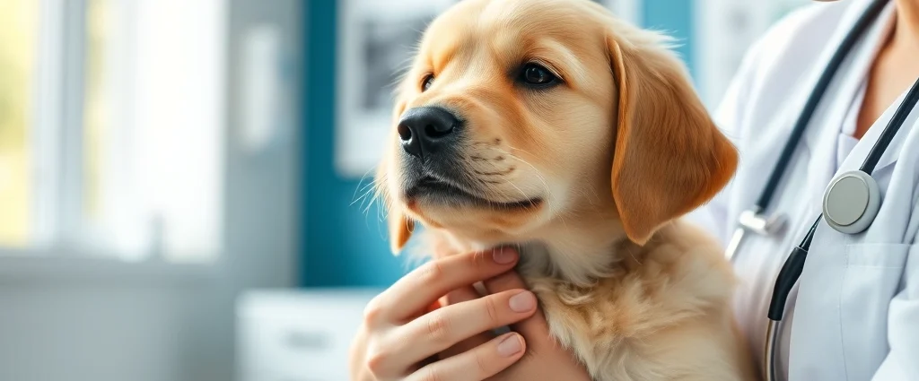 Person gently petting a golden retriever puppy in a clinical healthcare setting with soft natural lighting, showing emotional connection and calm demeanor, photorealistic clinical environment