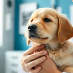 Person gently petting a golden retriever puppy in a clinical healthcare setting with soft natural lighting, showing emotional connection and calm demeanor, photorealistic clinical environment