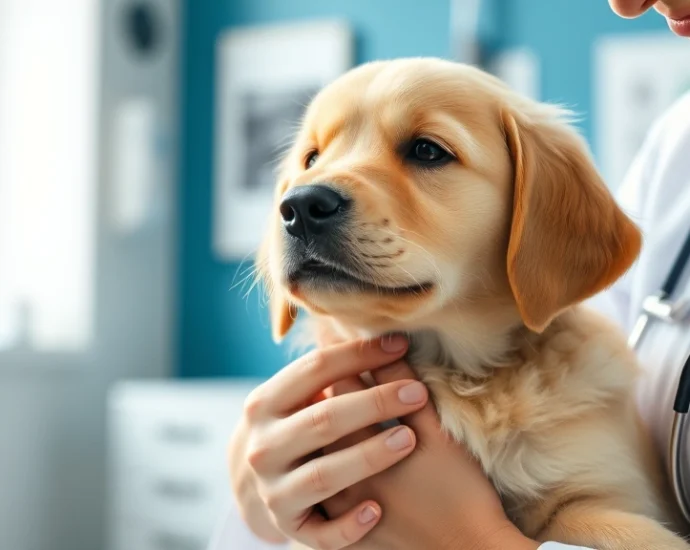 Person gently petting a golden retriever puppy in a clinical healthcare setting with soft natural lighting, showing emotional connection and calm demeanor, photorealistic clinical environment