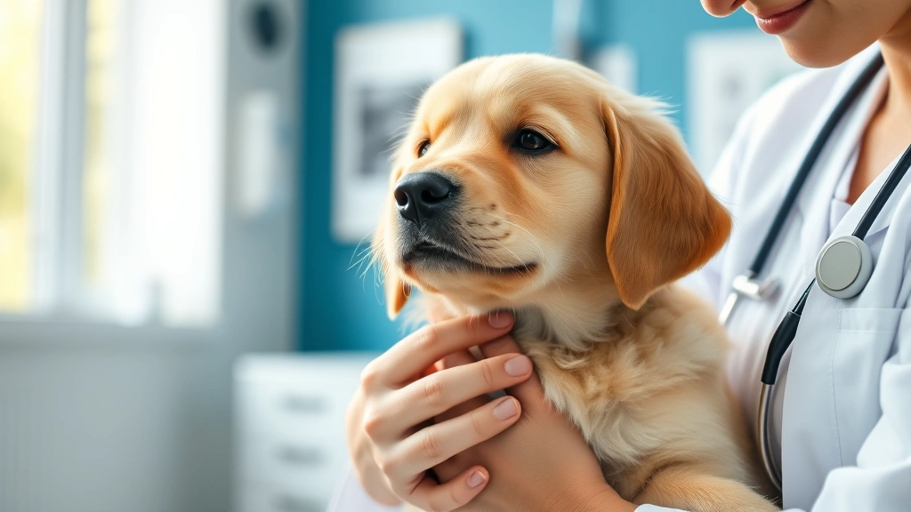 Person gently petting a golden retriever puppy in a clinical healthcare setting with soft natural lighting, showing emotional connection and calm demeanor, photorealistic clinical environment