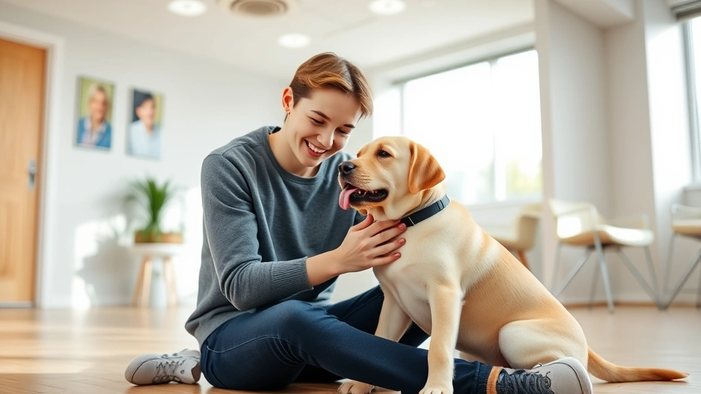Young adult sitting on floor interacting playfully with a Labrador puppy in a bright university wellness room, demonstrating stress relief and joy, candid therapeutic moment