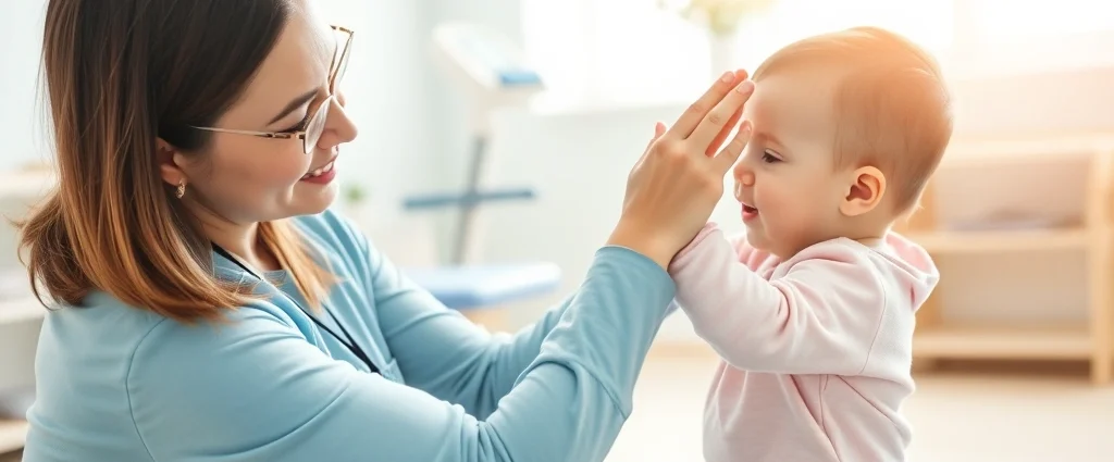 A pediatric physical therapist gently guiding an infant's arm movement during a therapy session in a bright clinical setting with soft natural lighting and therapeutic equipment visible in background
