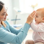 A pediatric physical therapist gently guiding an infant's arm movement during a therapy session in a bright clinical setting with soft natural lighting and therapeutic equipment visible in background